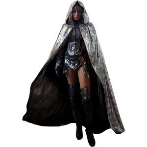 Silver Witch Velvet Hooded Cloak Halloween Cape Queen King Renaissance Medieval